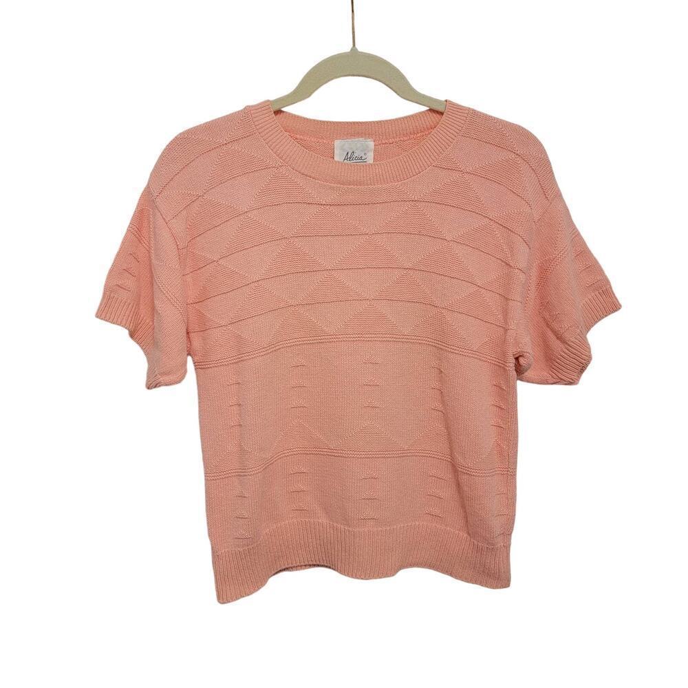 VTG Coral Pink Sweater Shirt 80s Geometric Knit Alicia Small